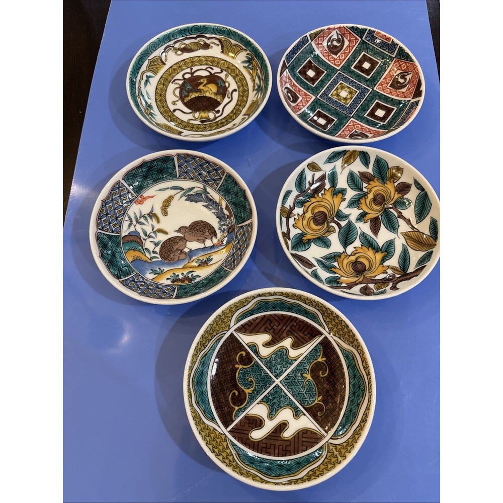 Japanese Kutani Ware Ko Kutani 5 Plate Set Birds Floral Original Box